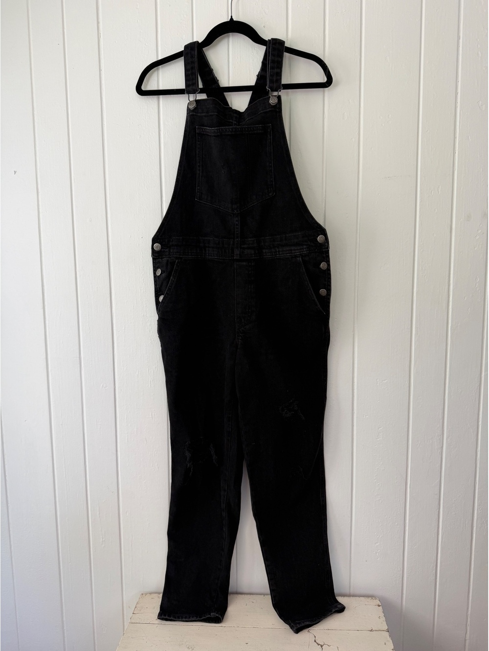 Black Denim Overalls with Adjustable Straps and Front Pocket, Distressed Detail,